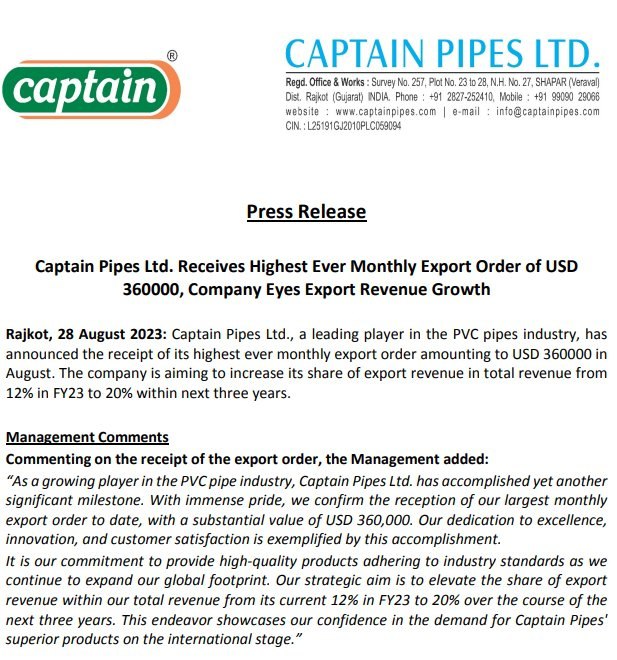 Captain Pipes Ltd. Hits Export Milestone: 360,000 Monthly Order Signals Global Expansion Acceleration