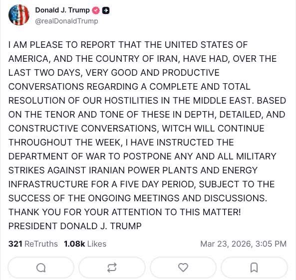 🚨 BREAKING: Trump Orders 5-Day Halt on Iran Strikes as "Productive" Peace Talks Underway